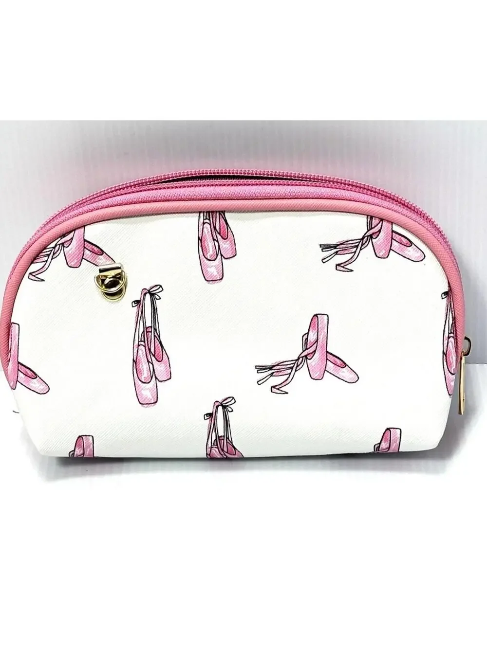 Makeup Bag Pink White Zipper Pouch Makeup Bag, Ballet Shoes, Cosmetic Clutch New